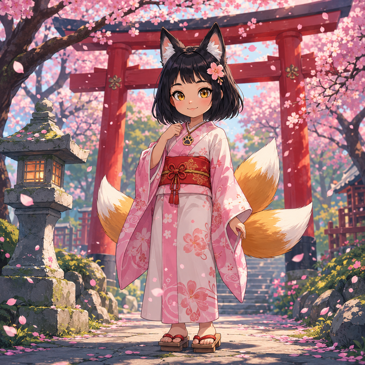 Japanese kitsune fox spirit at torii gate