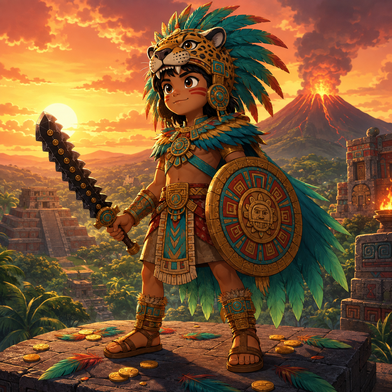 Aztec jaguar warrior Amaru at step-pyramid