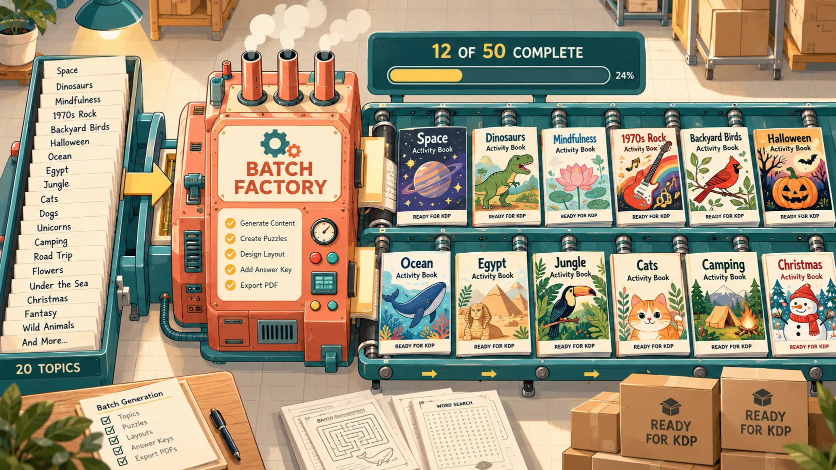 Batch Factory — one workflow, dozens of books in parallel