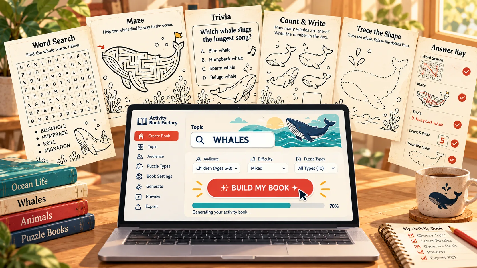PuzzlePress AI — type a topic, get a complete activity book